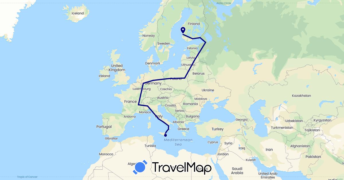 TravelMap itinerary: driving in Germany, Finland, France, Italy, Latvia, Russia (Europe)